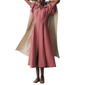 English Factory Puff-Sleeve Textured Midi Shirtdress in Pink