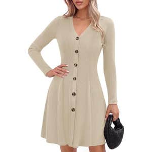 amazon, GRACE KARIN V-Neck Ribbed A-Line Mini Cream Fall Sweater Dress