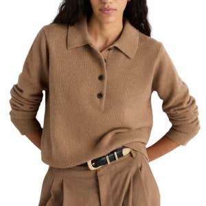 Quince Mongolian Cashmere Button Polo Sweater in Color Teak