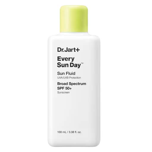 Dr. Jart+ Every Sun Day™ Fluid SPF 50+ bottle with a yellow cap against a white background