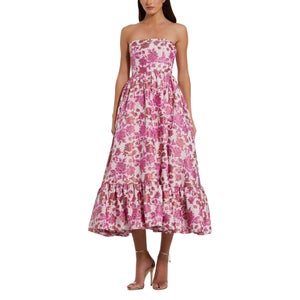Pink Floral Brocade Strapless A Line Midi Dress