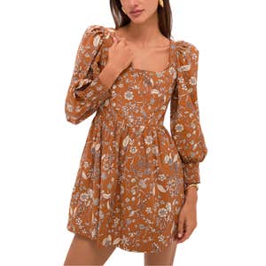 Hyacinth House Burn Orange Floral Square Neck Spencer Mini Dress
