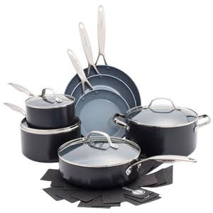 11 piece cookware pots and pans set on white background
