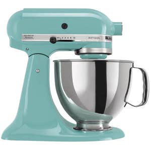 aqua sky kitchenaid stand mixer with silver bowl on white background