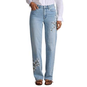 Women's Soft Denim Mid Rise Relaxed Straight Leg Embroidered Jeans