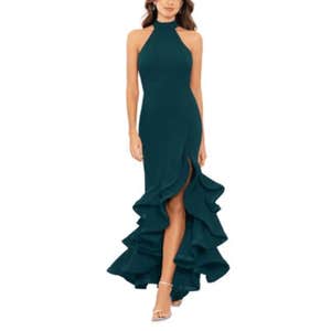 AQUA Racerback Ruffle Hem Gown