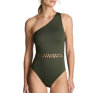lands' end, Lands' End Macrame One Shoulder High Leg One Piece Swimsuit
