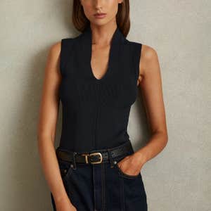 Reiss Navy Kimmy Knitted Sleeveless V-Neck Vest