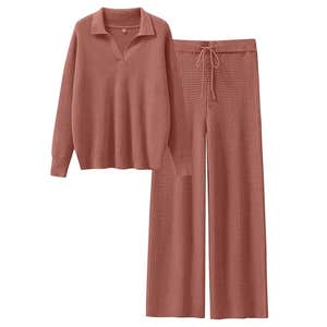 ANRABESS Waffle Knit Pullover & Matching Wide Leg Pants Lounge Set