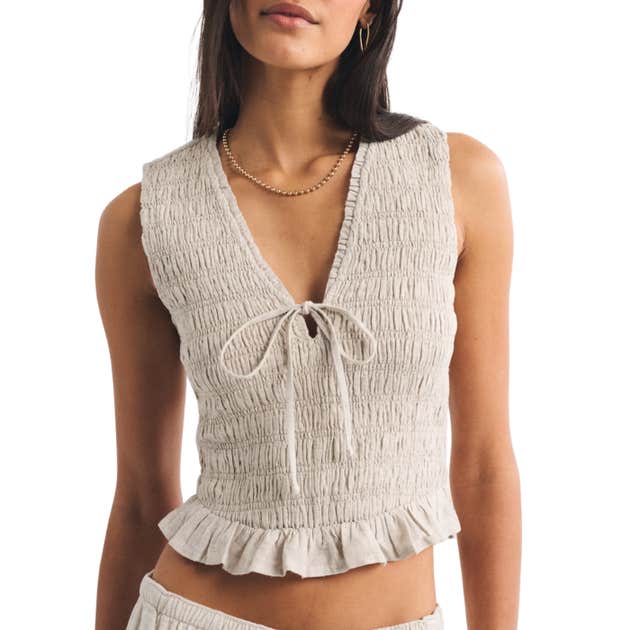 abercrombie & fitch, Abercrombie & Fitch Linen-Blend Smocked Tie-Front Top
