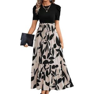 amazon, PerZeal Casual Summer Crewneck A Line Print Flowy Boho Maxi Dress