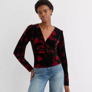 Loft Floral Velvet Puff Sleeve V-Neck Top