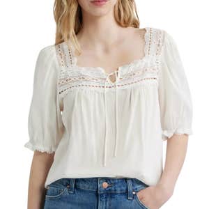 Nordstrom; Reformation Wildflower Lace Trim Puff Sleeve Organic Cotton Blend Top