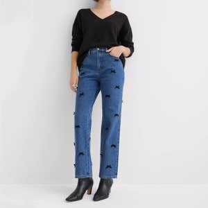 Loft Velvet Bow High Rise Straight Jeans in Bright Mid Indigo Wash