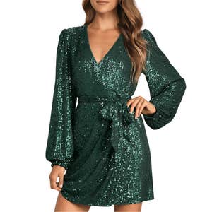 Lulus Sparkly Darling Sequin Long Sleeve Wrap Dress