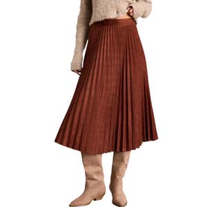 Lulus; a woman wearing Raylie Rust Brown Suede Pleated Midi Skirt
