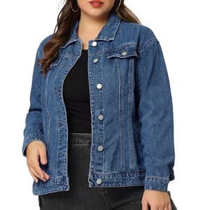 amazon, uxcell Plus Size Stitching Button Front Jean Jacket