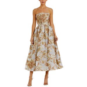 Gold Strapless Brocade Midi Dress with Pockets