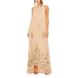 Beige High Neck Floral Embellished Trapeze Gown