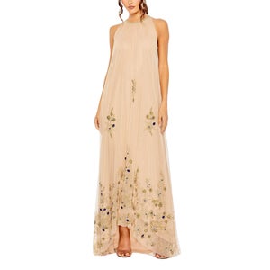 Beige High Neck Floral Embellished Trapeze Gown