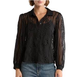 Nordstrom Rack; Adrianna Papell Long Sleeve Sheer Floral Eyelet Lace Button-Up Top