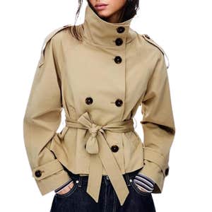 amazon, Maohao Cropped Double Breasted Short Jacket High Collar Trench Coat