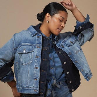 Universal Standard; a woman wearing a Kelsey Denim Jacket against a brown background