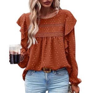 Amazon; PRETTYGARDEN Women's Long Sleeve Shirts Ruffle Swiss Dot Crochet Loose Fit Tunic