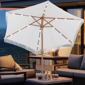 Autlaycil 7.5 ft Fringe Patio Umbrella with 18 LED Lights