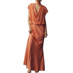 anthropologie, BHLDN Plunge Cowl-Neck Satin Maxi Dress