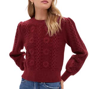 Hyacinth House Merlot Embroidered Floral Frankie Sweater