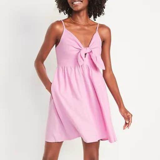 old navy, Old Navy Fit & Flare Tie-Front Smocked Linen-Blend Mini Cami Dress