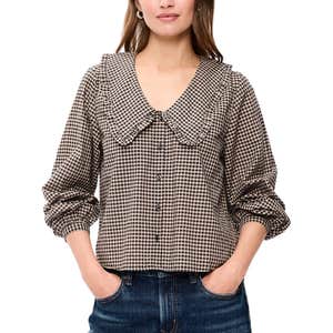 Long-Sleeve Statement Collar Button-Front Top