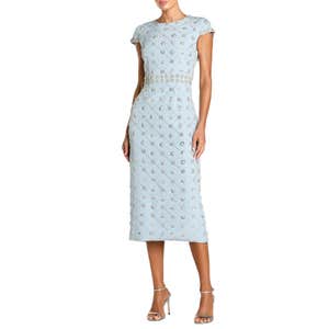 Nordstrom; Mac Duggal Beaded Short Sleeve Crew Neck Sheath Midi Dress
