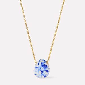 Gold Statement Necklace - Pebble Mini Marble Blue
