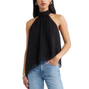 Open Edit Asymmetric Woven Top in Black