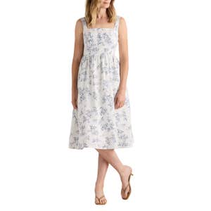 Quince 100% European Linen Fit & Flare Midi Dress in Ivory Porcelain Blue Petite Floral