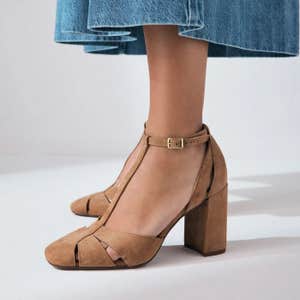 Next Leather Round Toe Cut Out T-Bar Block Heel Shoes