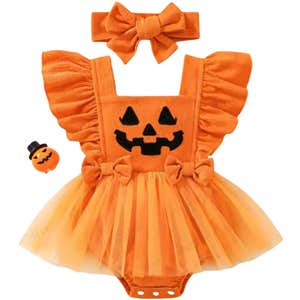 miniolie, MiniOlie Baby Halloween Pumpkin Tulle Skirted Bodysuit with Headband