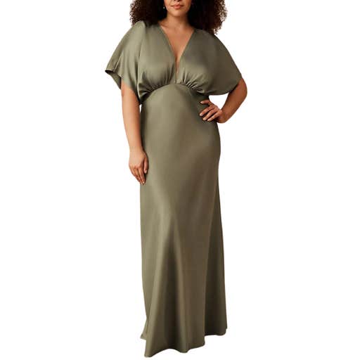 anthropologie, BHLDN Leila Deep-V Flutter-Sleeve Satin A-Line Gown