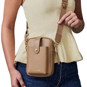 Bandolier; Dillon Smooth Leather Crossbody Bag in Tan/Gold against a white background