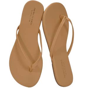 Amazon; Tan Project Cloud flip flops against a white background