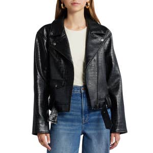 Open Edit Belted Oversize Croc Embossed Faux Leather Moto Jacket