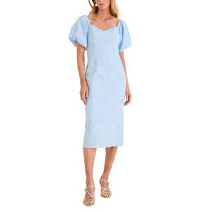 Hyacinth House Pale Blue Embroidered Gingko Leaf Sallie Midi Dress
