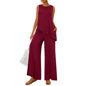 PRETTYGARDEN Asymmetrical Tank & Pants Set in Wine Red