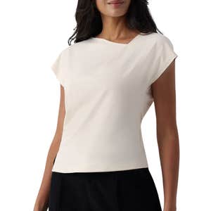 halara, Halara Asymmetric Cowl Neck Short Sleeve Ruched Split Hem Work Blouse in Whisper White