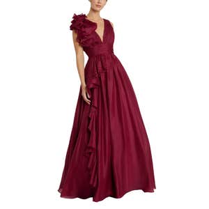 Burgundy Ruffle Shoulder V-Neck Chiffon Gown