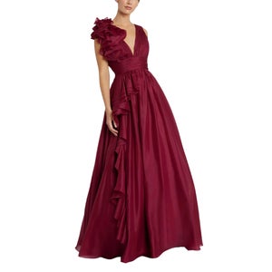 Burgundy Ruffle Shoulder V-Neck Chiffon Gown
