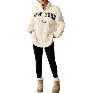 SHEIN EZwear 2Pcs/Set Women Letter Print Zip-Up Fleece Sweatshirt And Pants