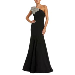 Black Crepe One Shoulder Gown With Crystal Flower